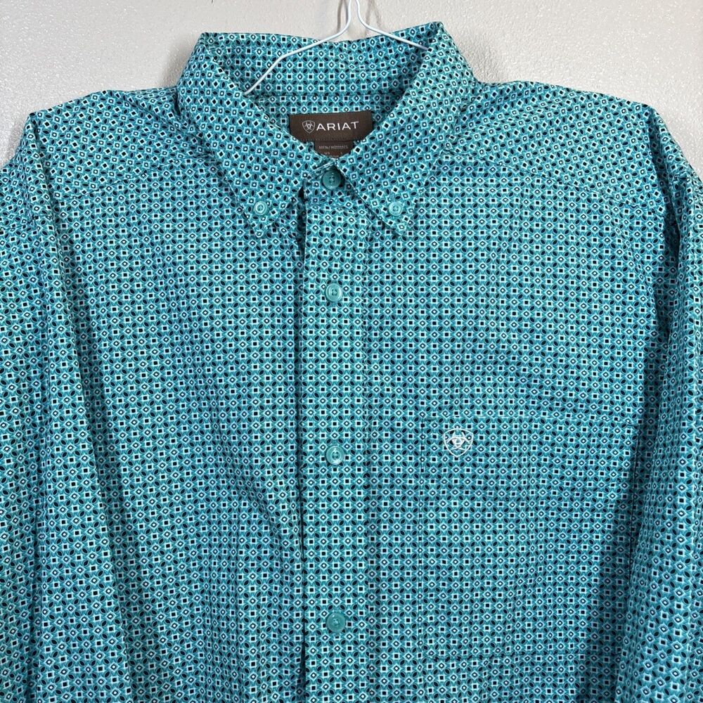 Ariat Mens Large Long Sleeve Button Down Shirt Teal Blue Geometric Print Fitted - Picture 2 of 11